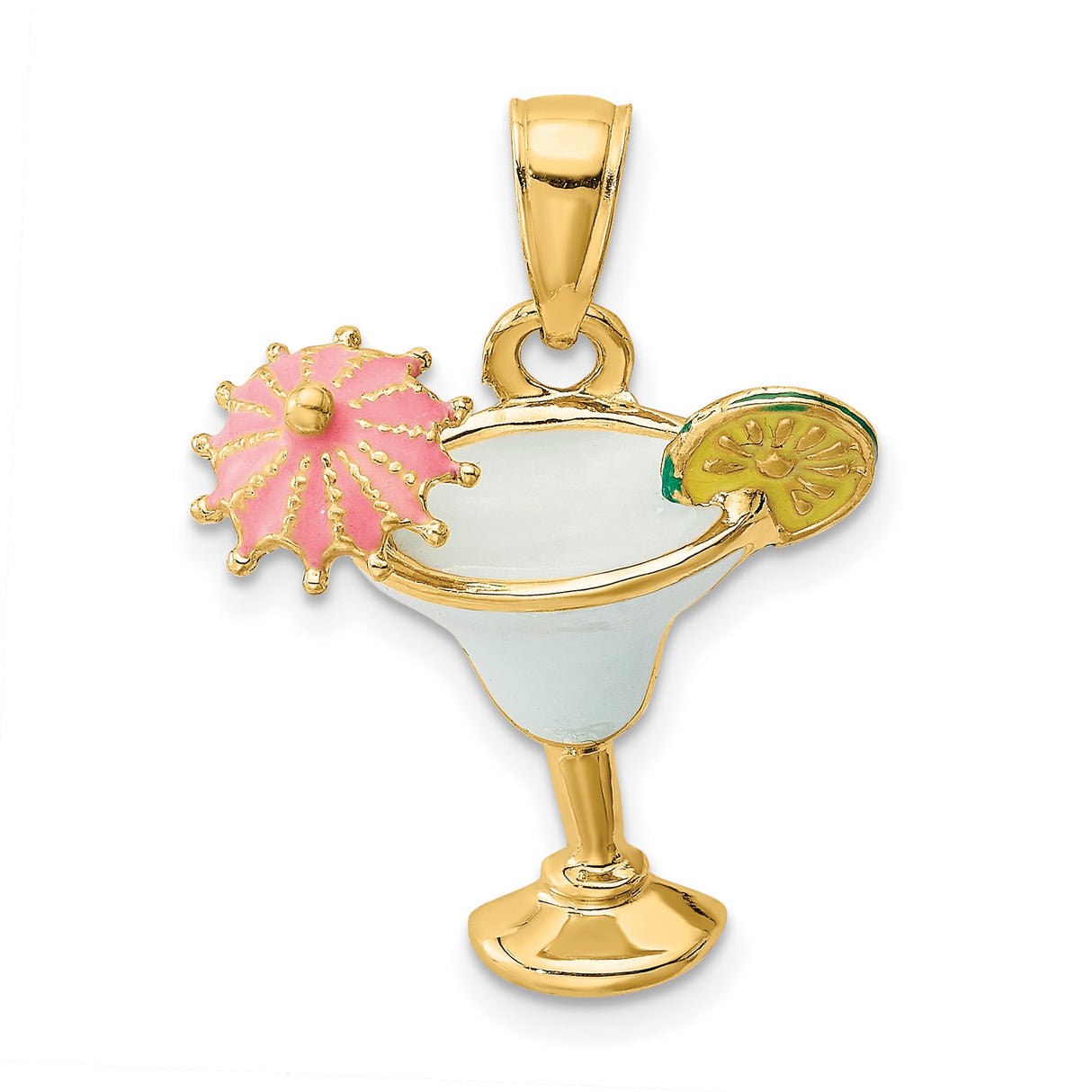 14k Yellow Gold Cocktail Pendant with Enamel Pink Umbrella and Lime Slice, Tropical Drink Charm