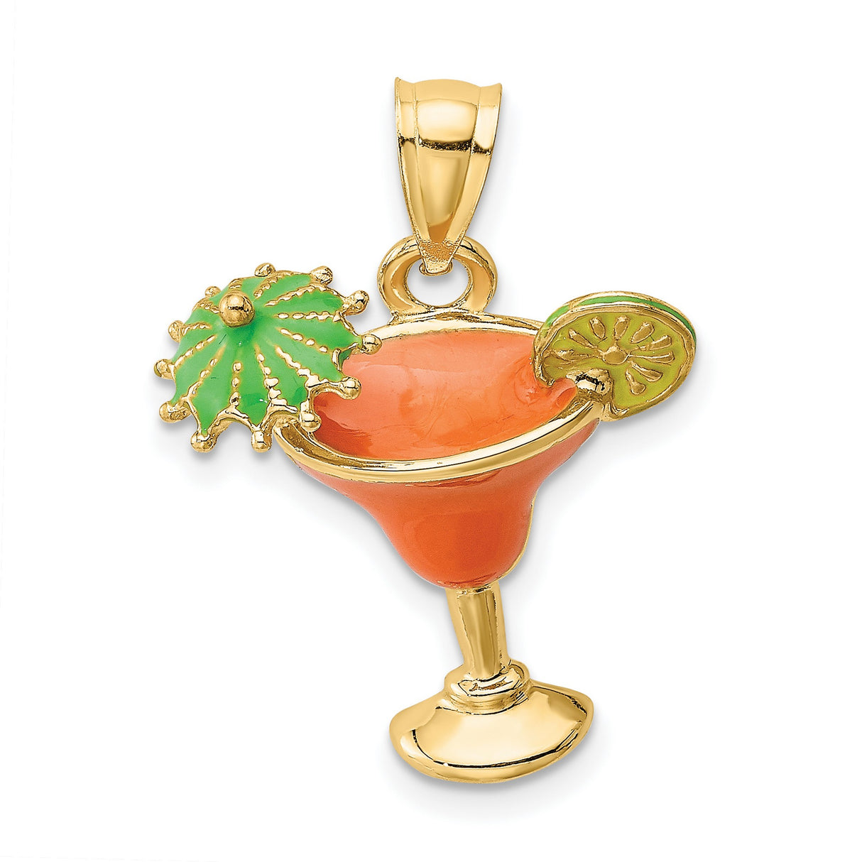 14k Yellow Gold Margarita Cocktail Pendant with Colorful Enamel, Lime Slice and Umbrella Detail