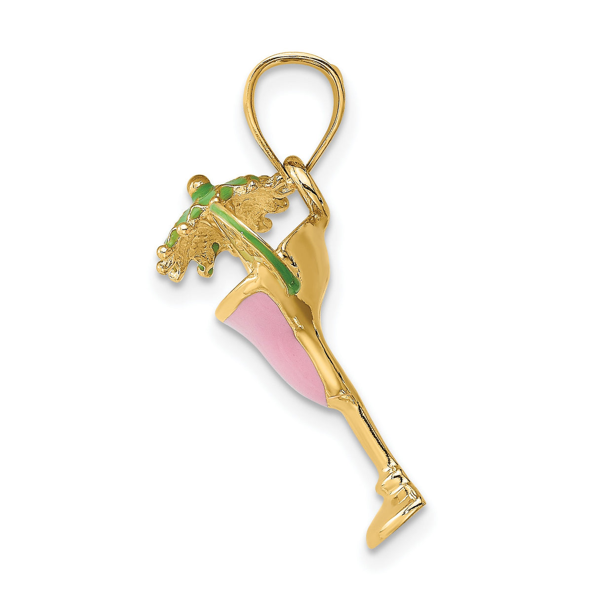 Pink Enameled Margarita Drink Umbrella and Lime Charm Pendant in Real 14k Yellow Gold