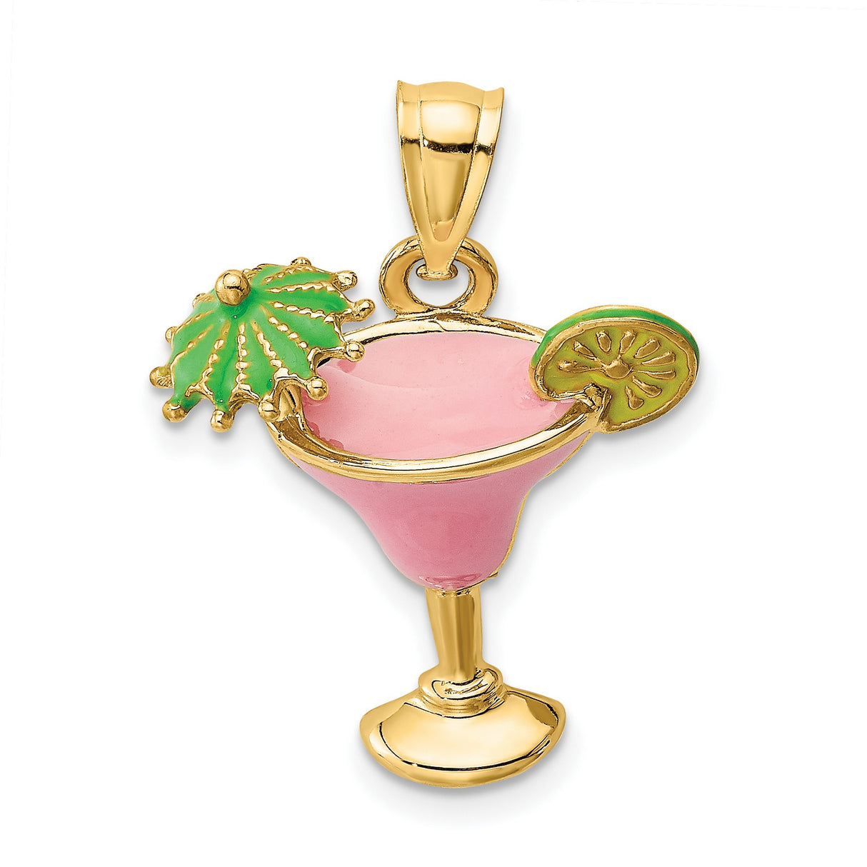 Pink Enameled Margarita Drink Umbrella and Lime Charm Pendant in Real 14k Yellow Gold
