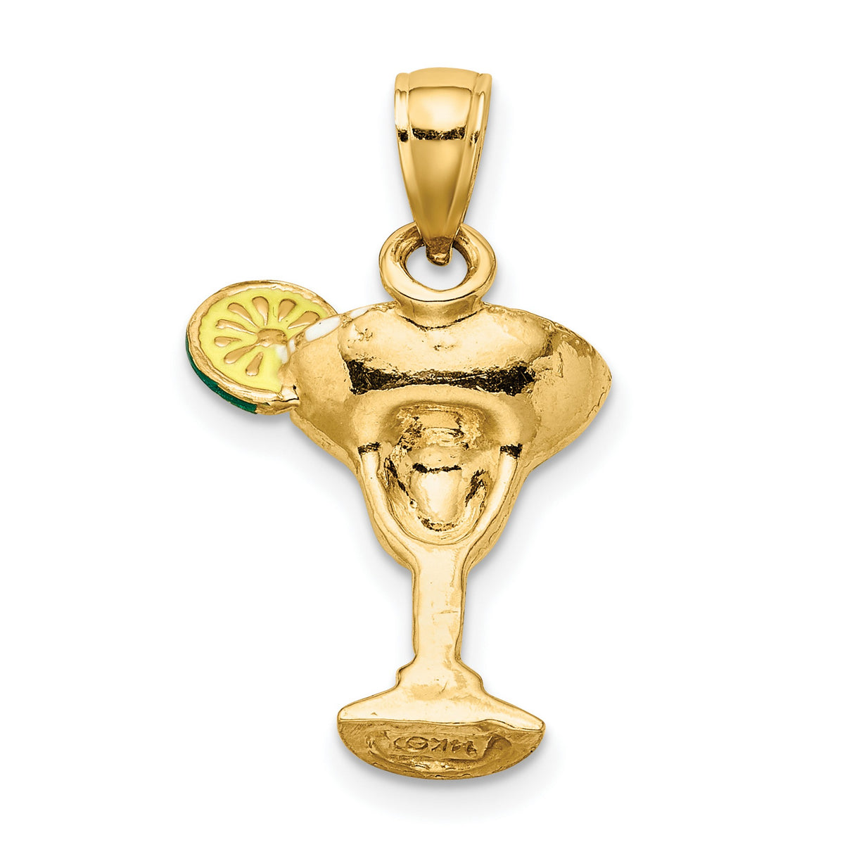 Green Enameled Salted Margarita Drink with Lime Charm Pendant in Real 14k Yellow Gold