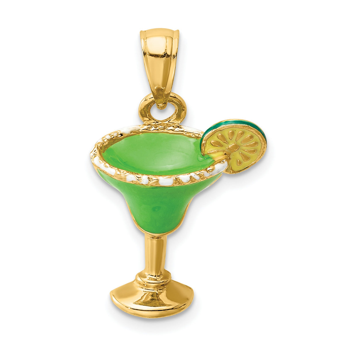 Green Enameled Salted Margarita Drink with Lime Charm Pendant in Real 14k Yellow Gold