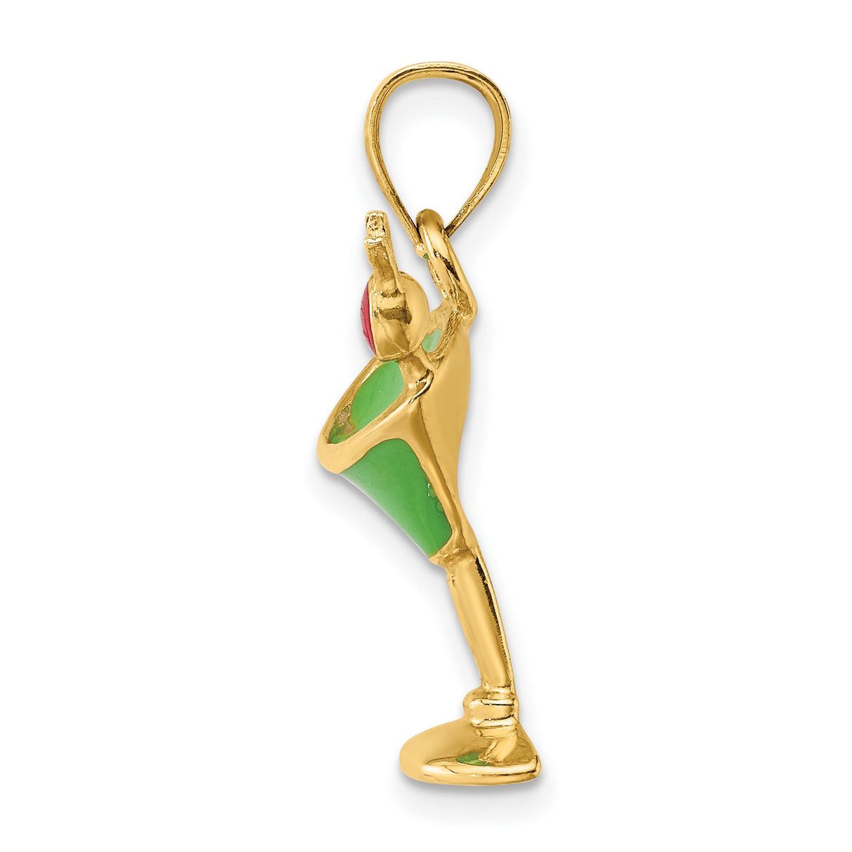 14k Yellow Gold Martini Glass Pendant with Green Enamel and Red Cherry Accent, Cocktail Charm for Women