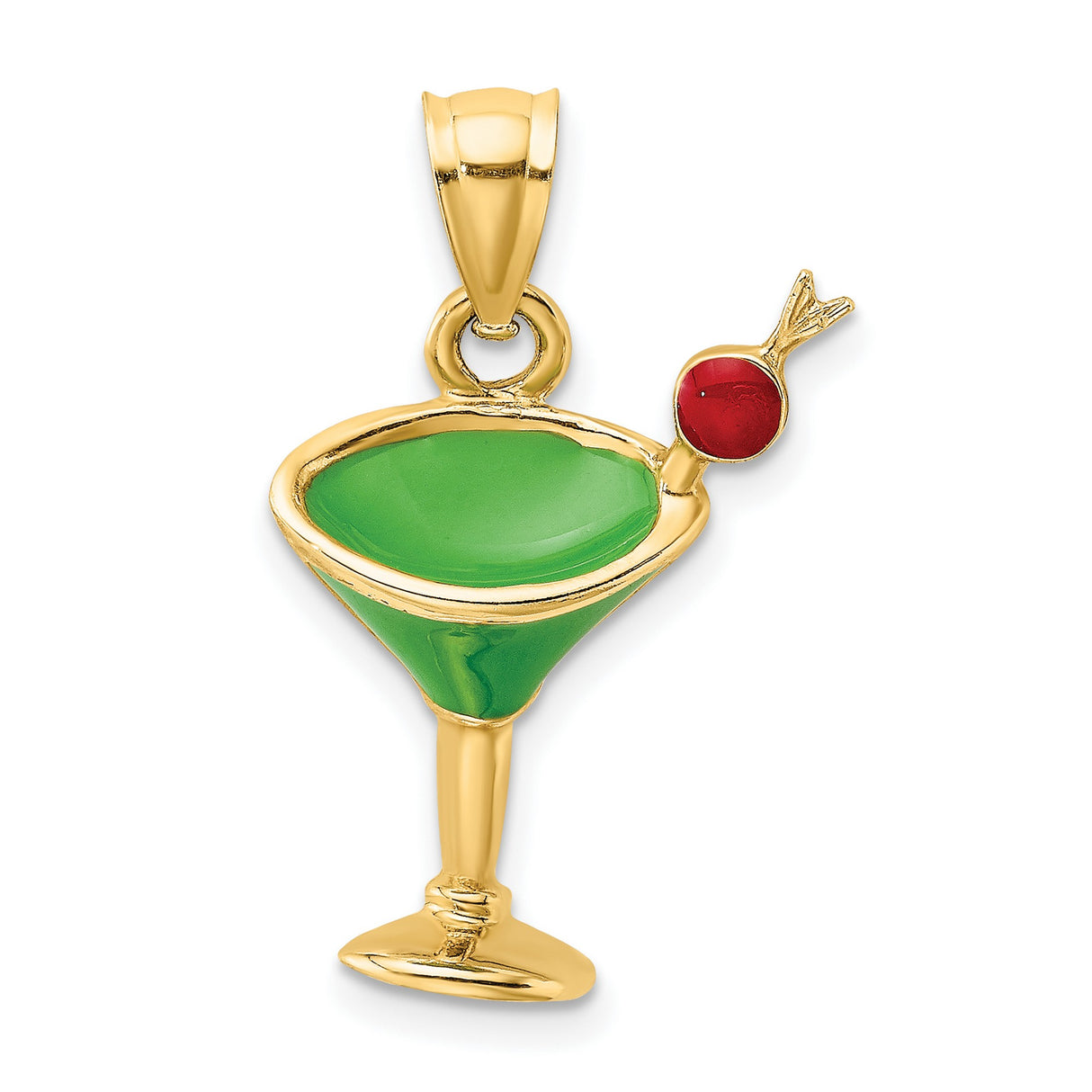 14k Yellow Gold Martini Glass Pendant with Green Enamel and Red Cherry Accent, Cocktail Charm for Women