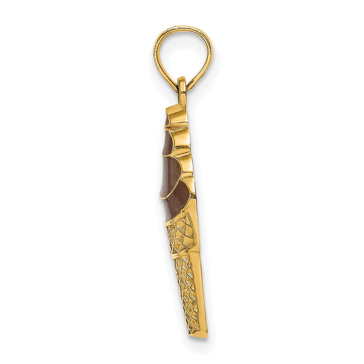 14k Yellow Gold Ice Cream Cone Pendant with Brown Enamel Swirl Detail, Novelty Dessert Charm