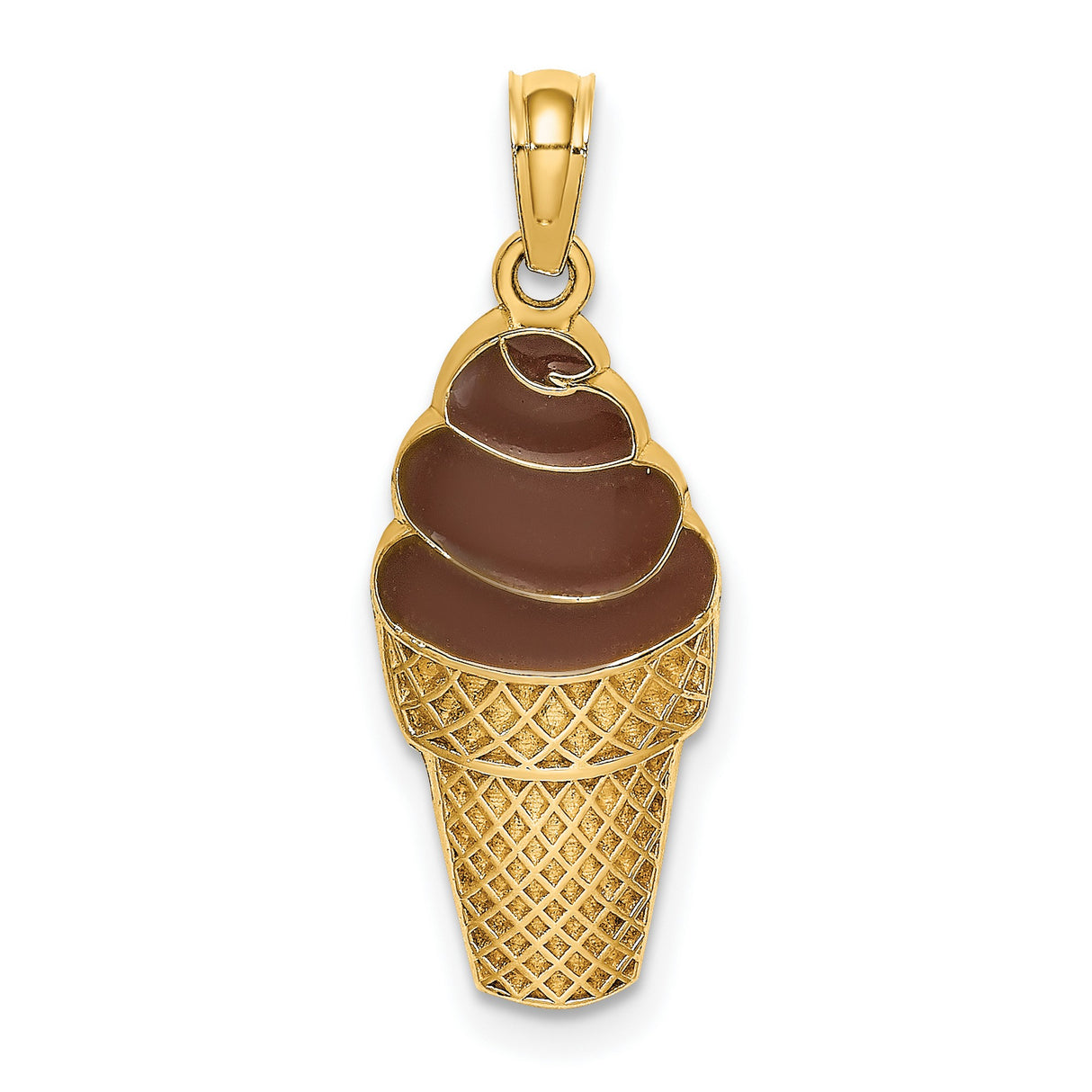 14k Yellow Gold Ice Cream Cone Pendant with Brown Enamel Swirl Detail, Novelty Dessert Charm