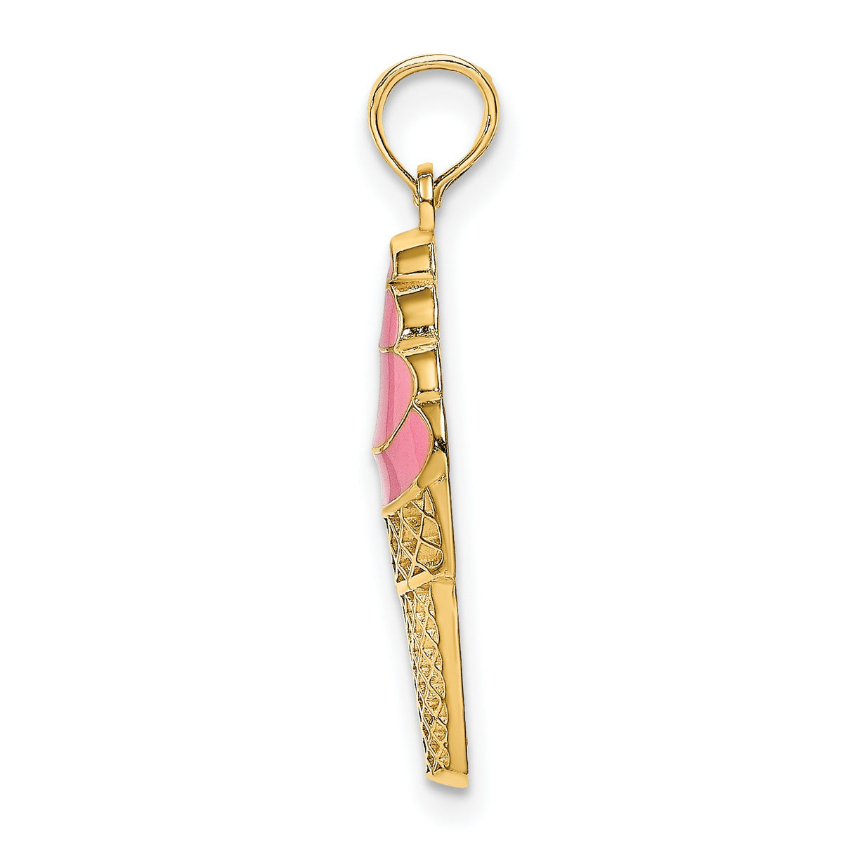 14k Yellow Gold Ice Cream Pendant with Pink Enamel Cone, Whimsical Summer Charm