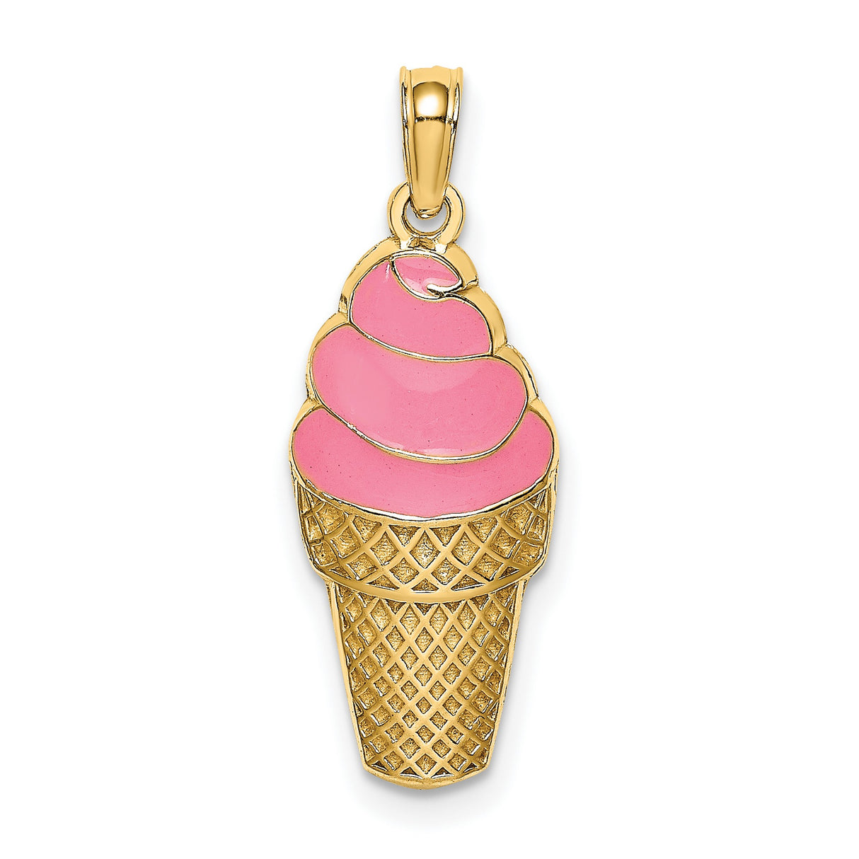 14k Yellow Gold Ice Cream Pendant with Pink Enamel Cone, Whimsical Summer Charm