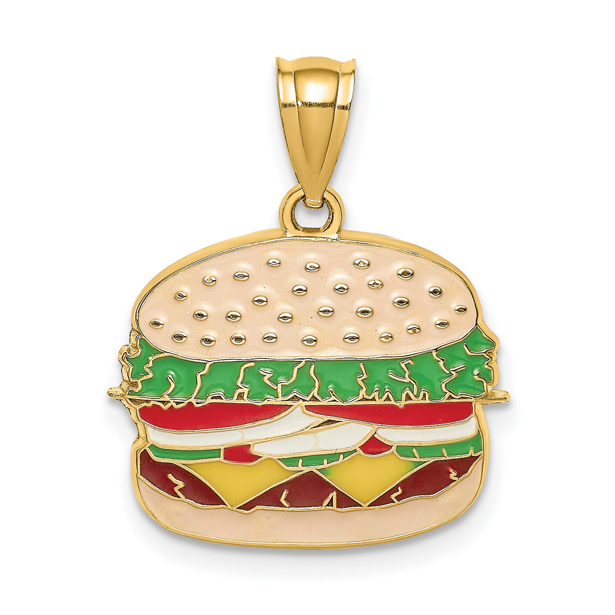 14k Yellow Gold Hamburger Pendant with Colorful Enamel Detail, Fun Foodie Charm