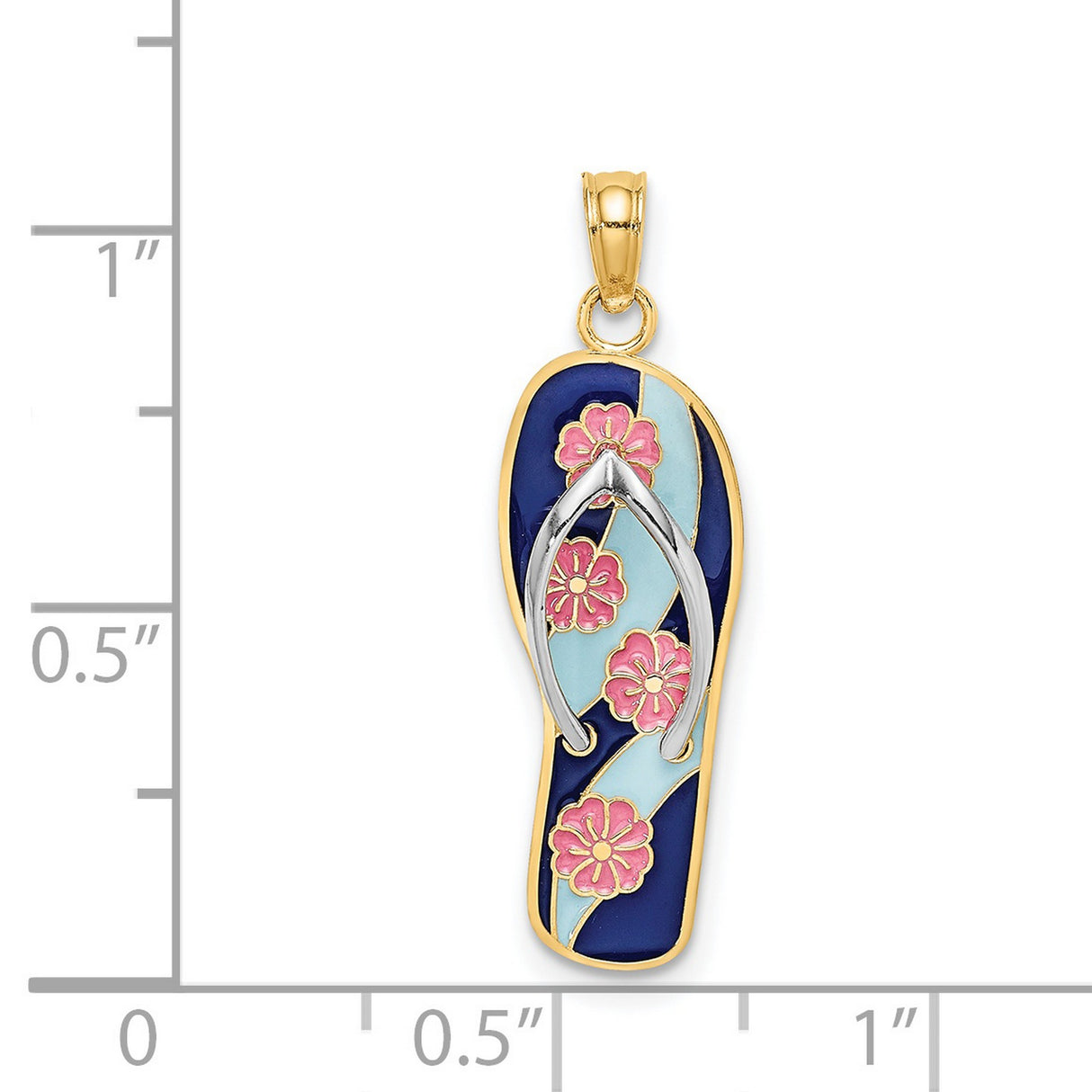 14k Multi-Tone Gold Flip Flop Pendant with Blue and Aqua Enamel, Pink Hibiscus, Tropical Theme