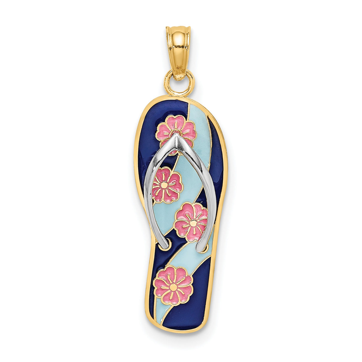 14k Multi-Tone Gold Flip Flop Pendant with Blue and Aqua Enamel, Pink Hibiscus, Tropical Theme