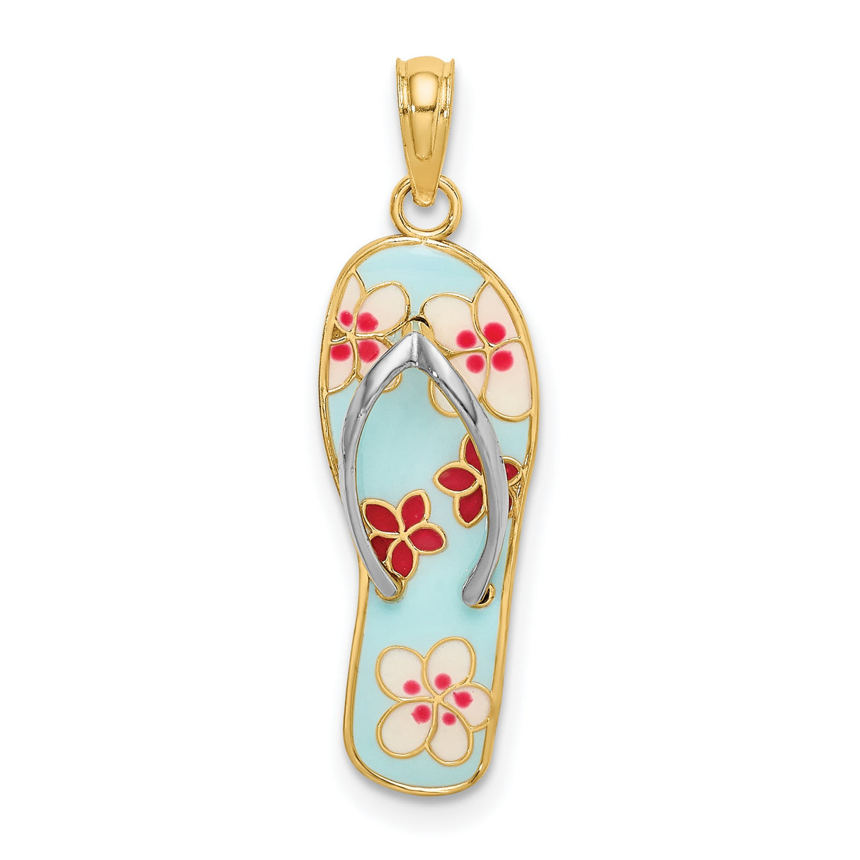 14k Yellow Gold and Rhodium Flip-Flop Pendant with Tropical Floral Enamel Design