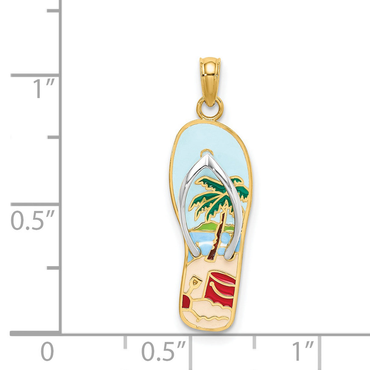 14k Multi-Tone Gold Flip-Flop Pendant with Palm Tree and Ocean Scene, Tropical Beach Charm
