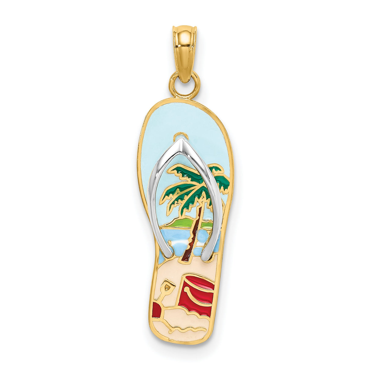 14k Multi-Tone Gold Flip-Flop Pendant with Palm Tree and Ocean Scene, Tropical Beach Charm