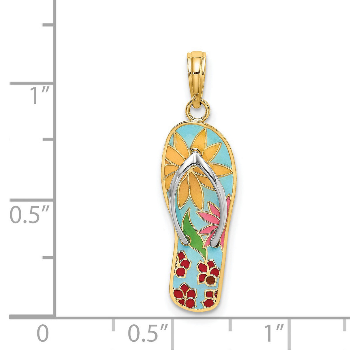 14k Multi-Tone Gold Flip-Flop Pendant with Enamel Flowers, Tropical Sandal Charm