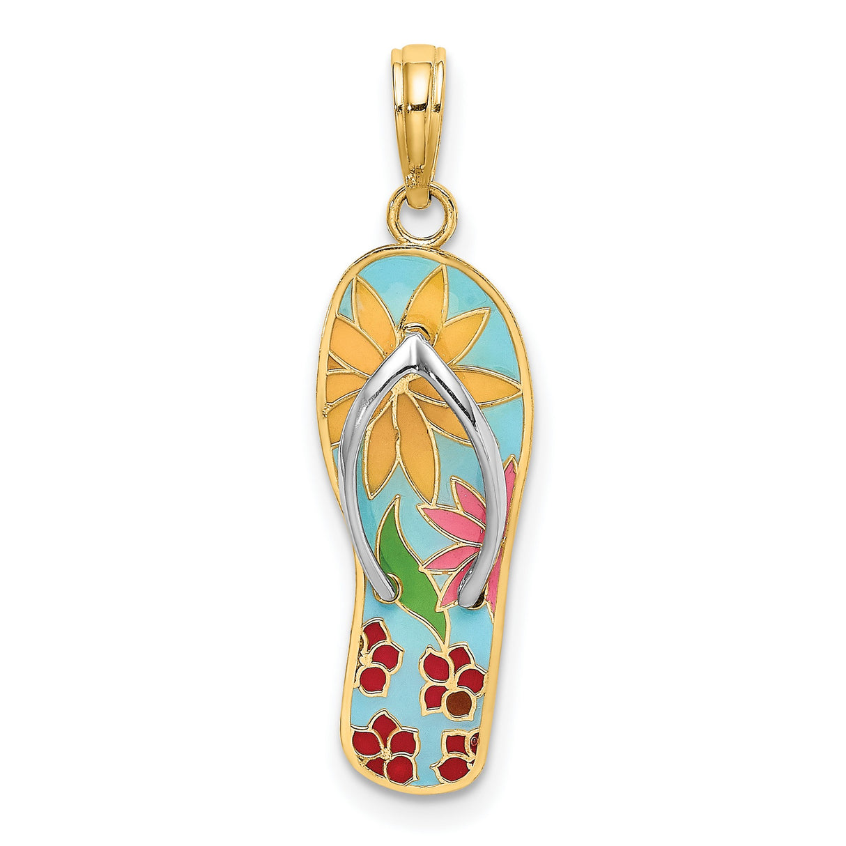14k Multi-Tone Gold Flip-Flop Pendant with Enamel Flowers, Tropical Sandal Charm