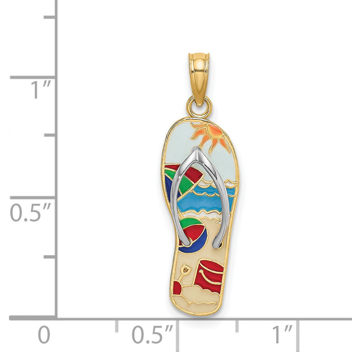 14k Multi-Tone Gold Flip-Flop Beach Scene Pendant with Enamel and Rhodium Accents