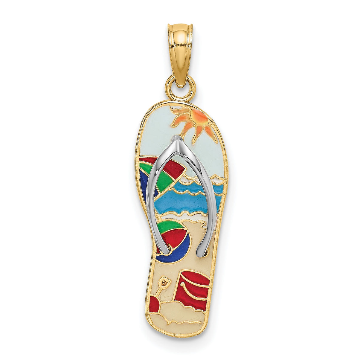 14k Multi-Tone Gold Flip-Flop Beach Scene Pendant with Enamel and Rhodium Accents