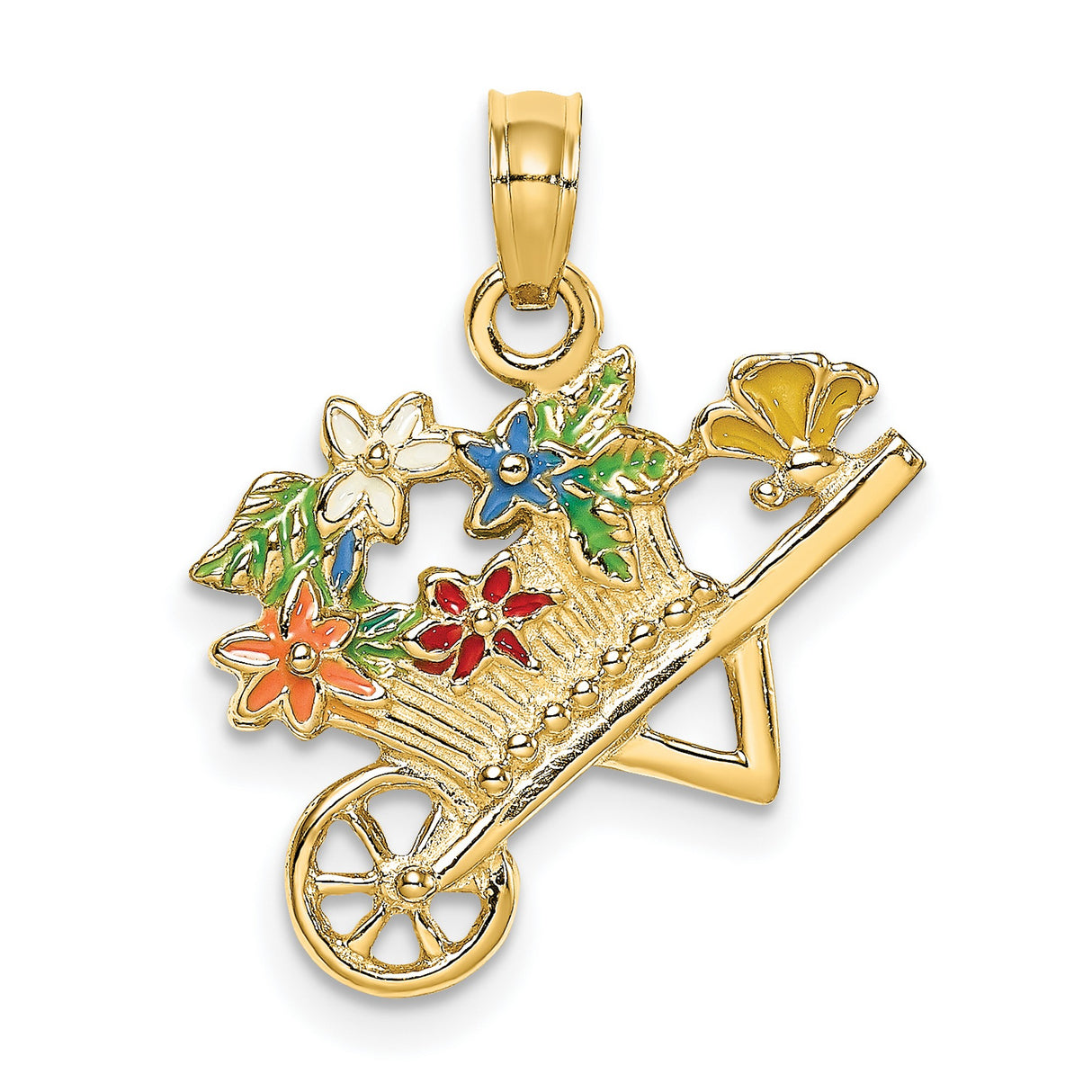 14k Yellow Gold Pendant with Colorful Enamel Flower Cart, Whimsical Garden Design