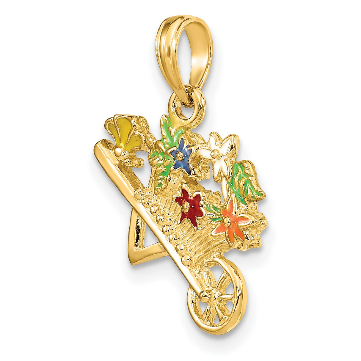 14k Yellow Gold Pendant with Colorful Enamel Flower Cart, Whimsical Garden Design