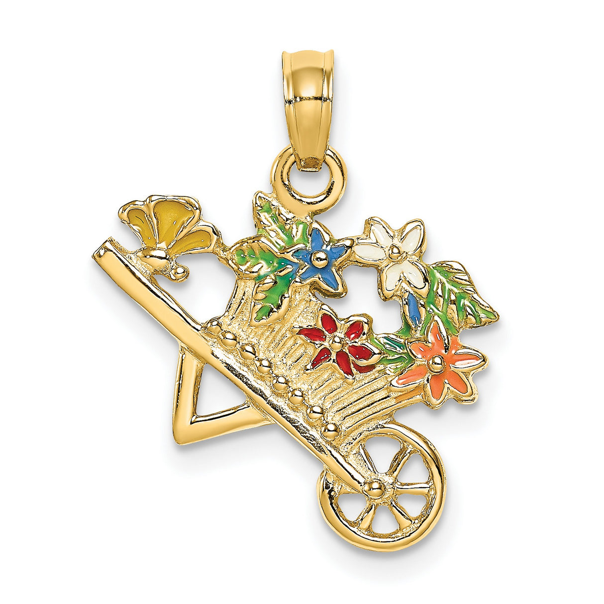 14k Yellow Gold Pendant with Colorful Enamel Flower Cart, Whimsical Garden Design