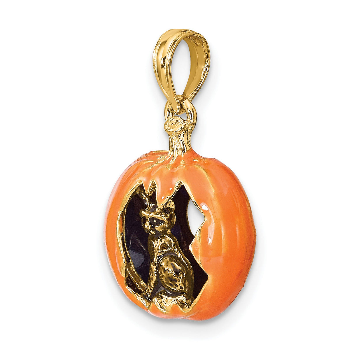 14k Yellow Gold Pendant with Orange Enamel Pumpkin, Black Cat, and Crescent Moon Halloween Theme