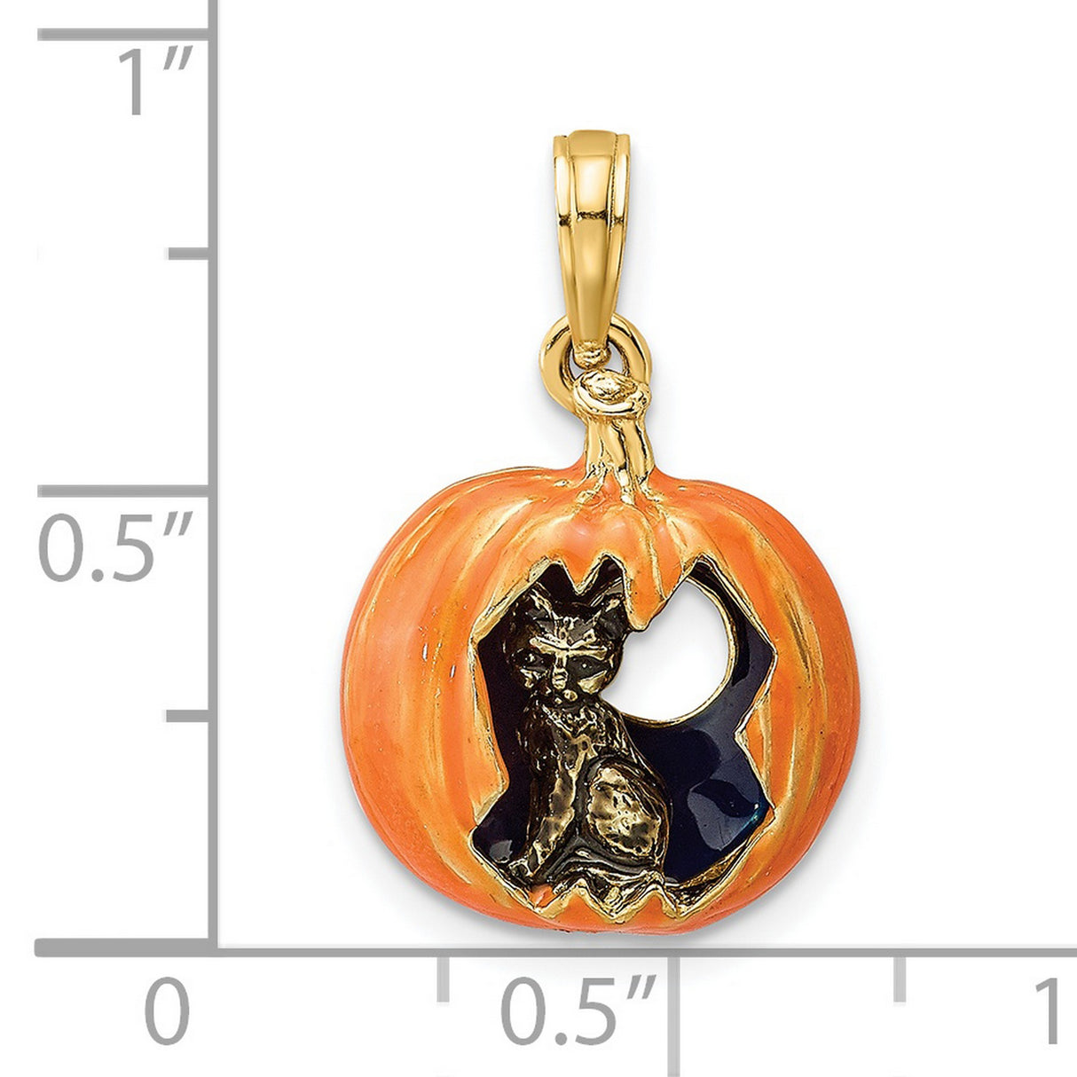 14k Yellow Gold Pendant with Orange Enamel Pumpkin, Black Cat, and Crescent Moon Halloween Theme