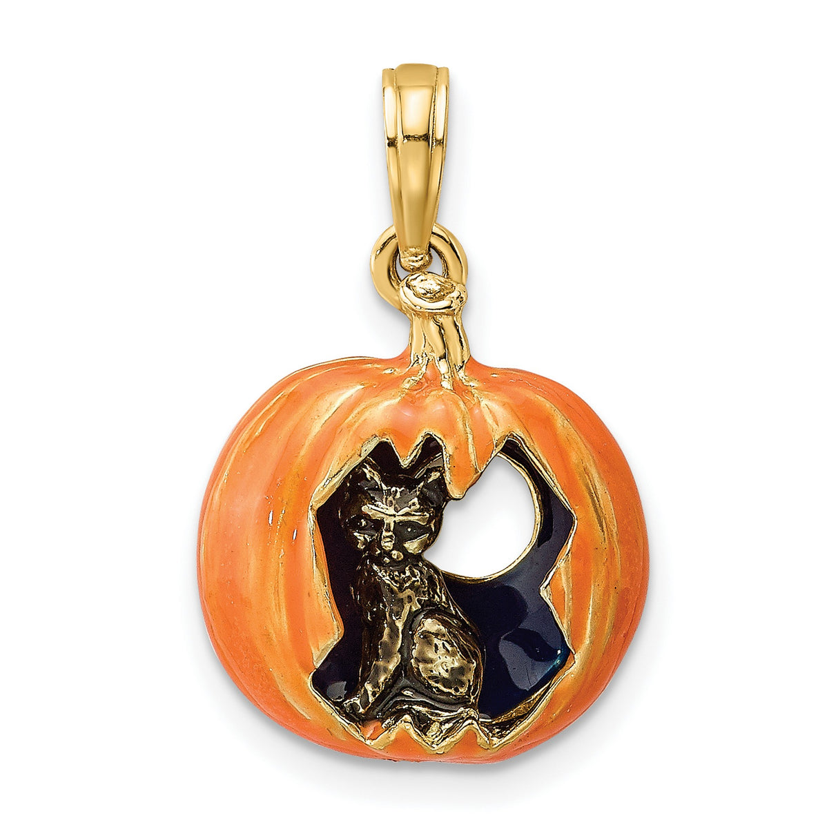 14k Yellow Gold Pendant with Orange Enamel Pumpkin, Black Cat, and Crescent Moon Halloween Theme