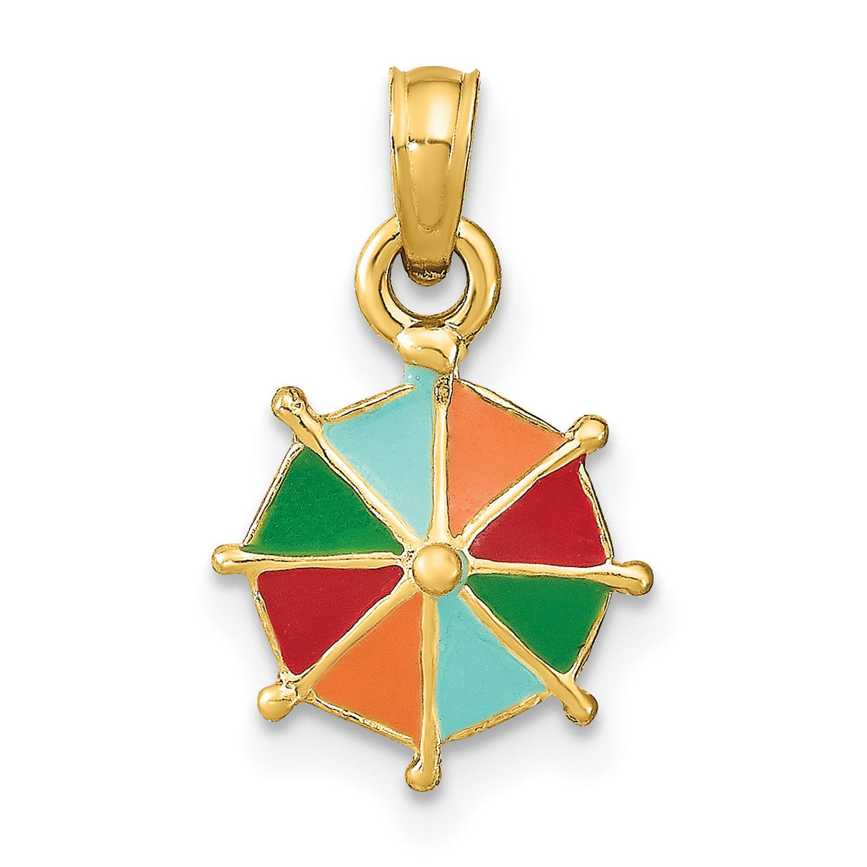 14k Yellow Gold Charm Pendant with Multicolor Enamel Nautical Ship Wheel Design