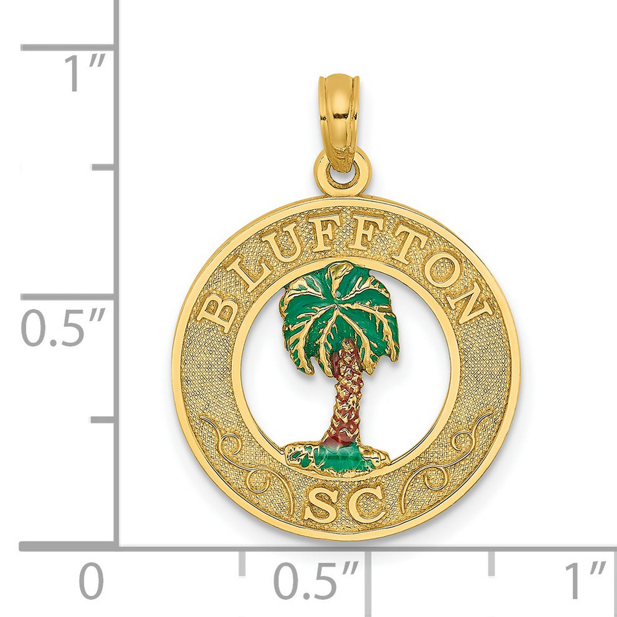 14k Yellow Gold Bluffton South Carolina Pendant with Enameled Palm Tree Design