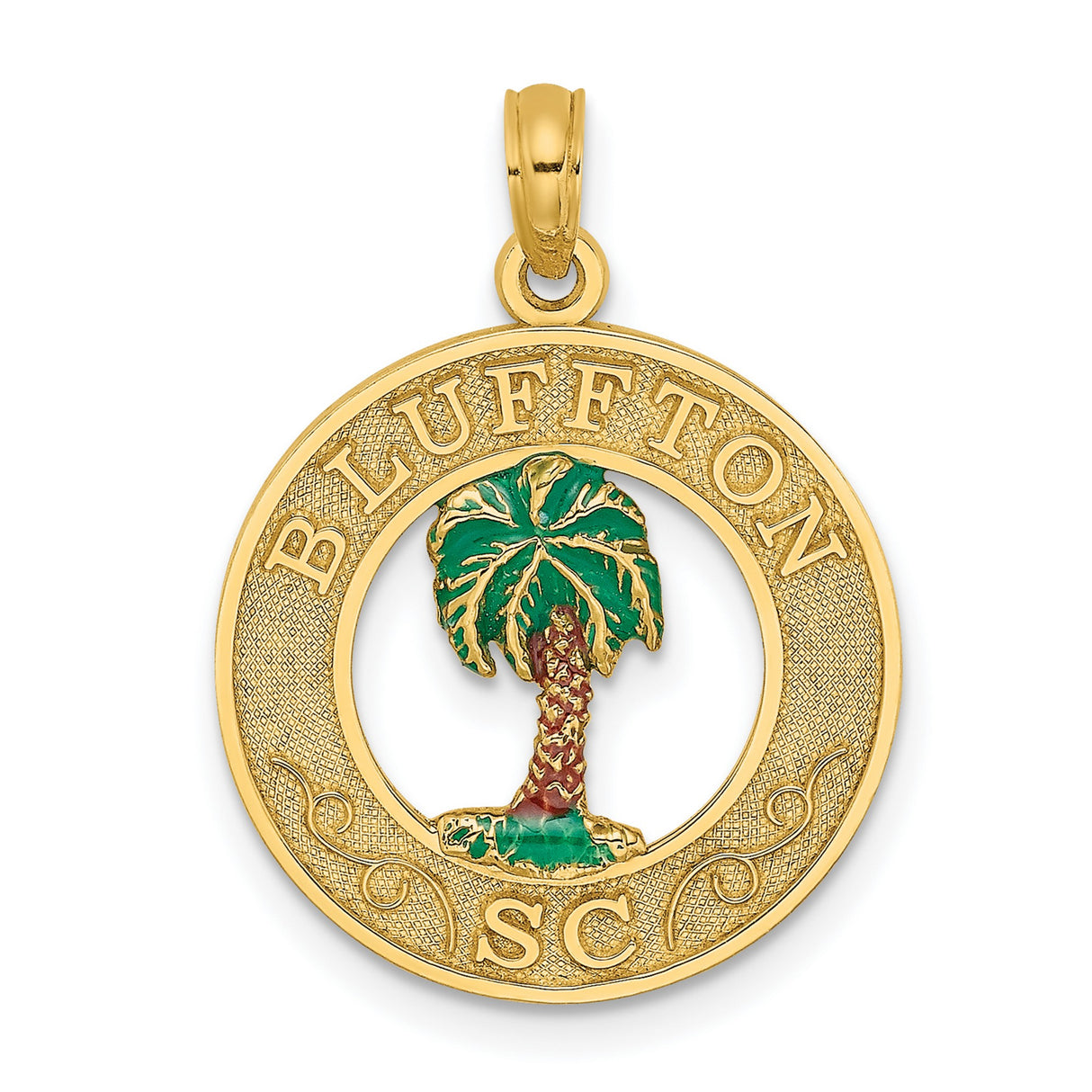 14k Yellow Gold Bluffton South Carolina Pendant with Enameled Palm Tree Design
