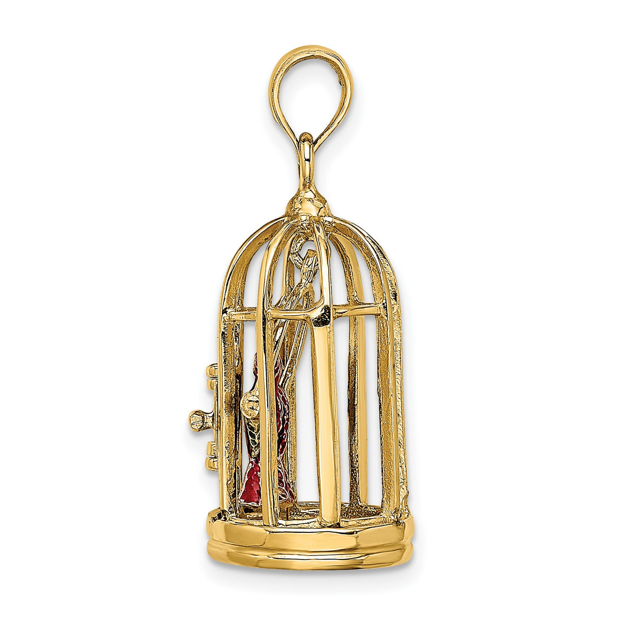 14k Yellow Gold Pendant with Colorful Parrot Couple in Birdcage, Tropical Animal Charm Jewelry