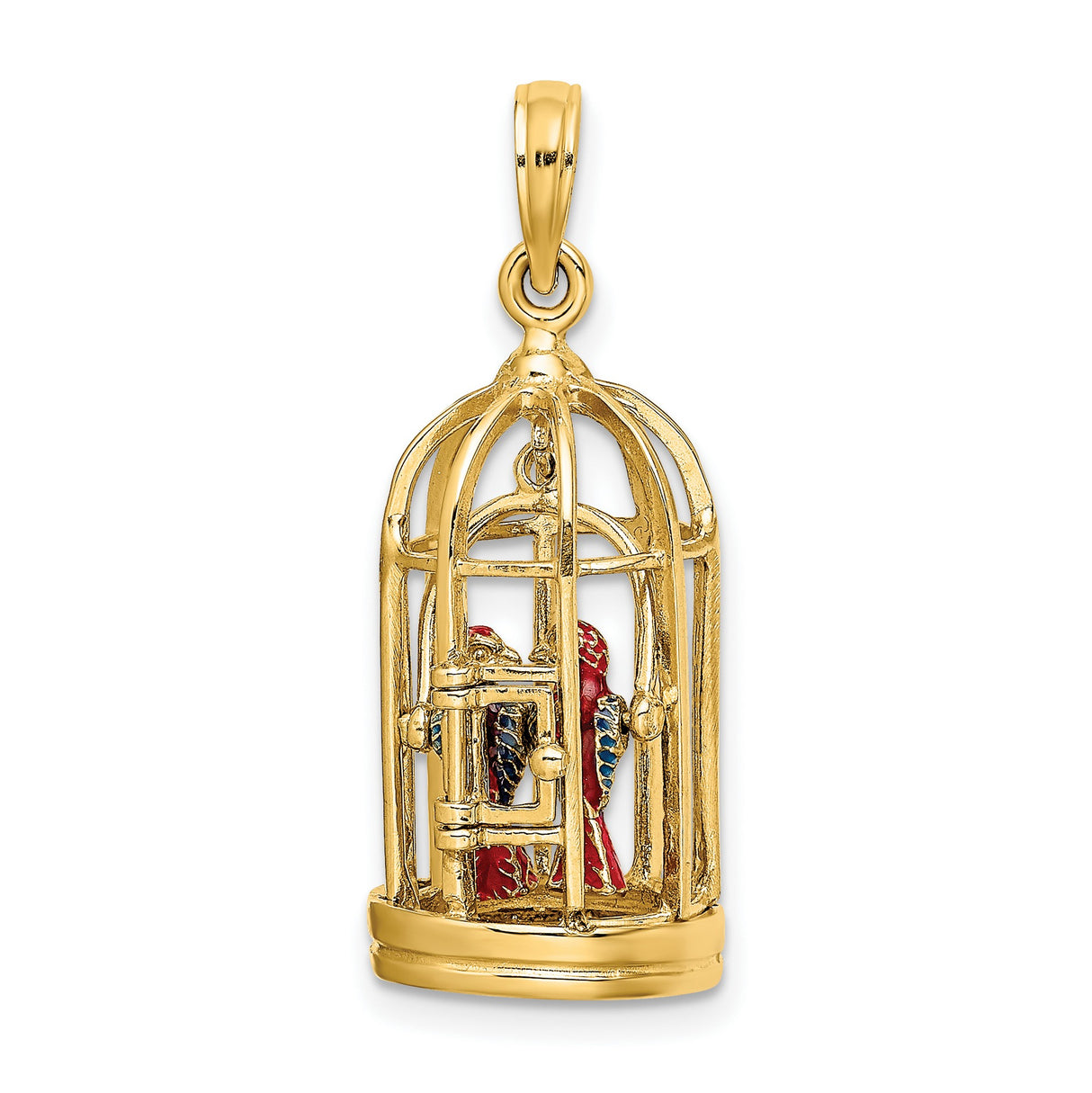 14k Yellow Gold Pendant with Colorful Parrot Couple in Birdcage, Tropical Animal Charm Jewelry