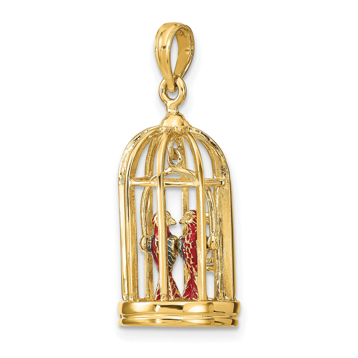 14k Yellow Gold Pendant with Colorful Parrot Couple in Birdcage, Tropical Animal Charm Jewelry