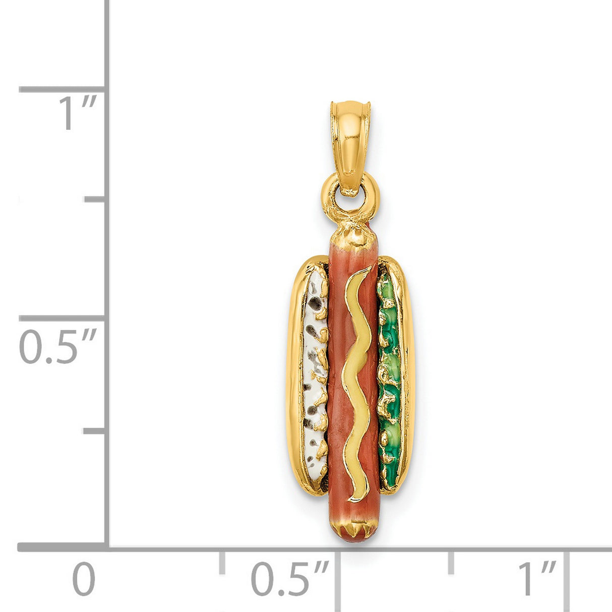 14k Yellow Gold Hotdog Pendant with Enamel Mustard, Relish and Onion Accents, Whimsical Novelty Charm