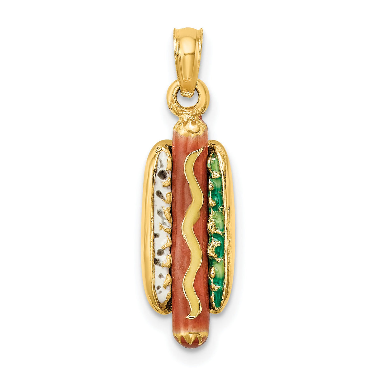 14k Yellow Gold Hotdog Pendant with Enamel Mustard, Relish and Onion Accents, Whimsical Novelty Charm