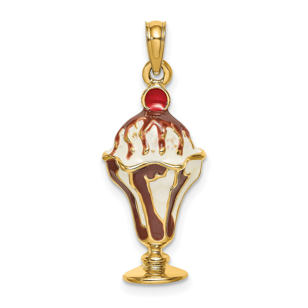 14k Yellow Gold Ice Cream Sundae Pendant with Enamel Chocolate Syrup and Red Cherry Accent