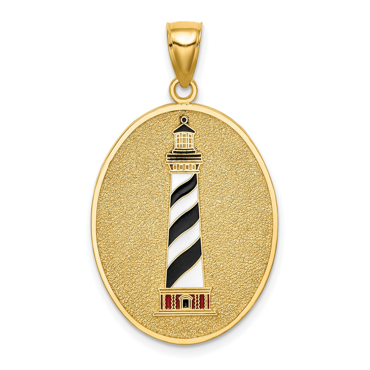Enamel Lighthouse Oval With John 8:12 On Back Charm Pendant in Real 14k Yellow Gold