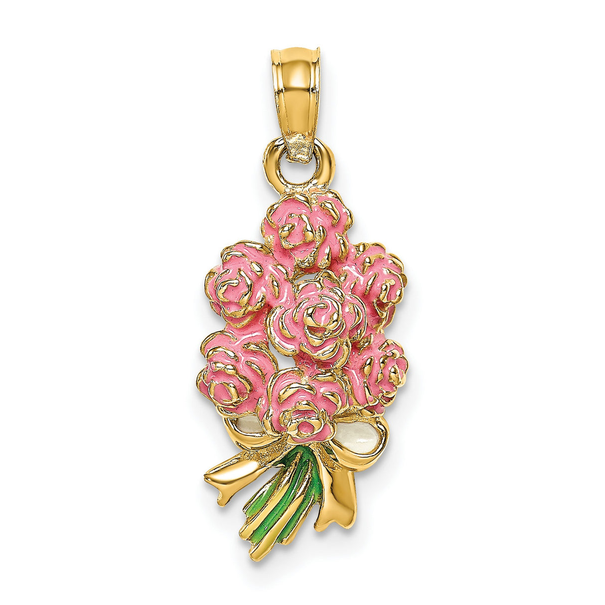 14k Yellow Gold Rose Bouquet Pendant with Pink Roses and Green Stems, Floral Charm for Women