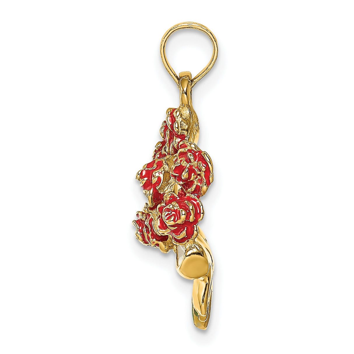 14k Yellow Gold Pendant with Enamel Red Roses and White Bow, Floral Romantic Design