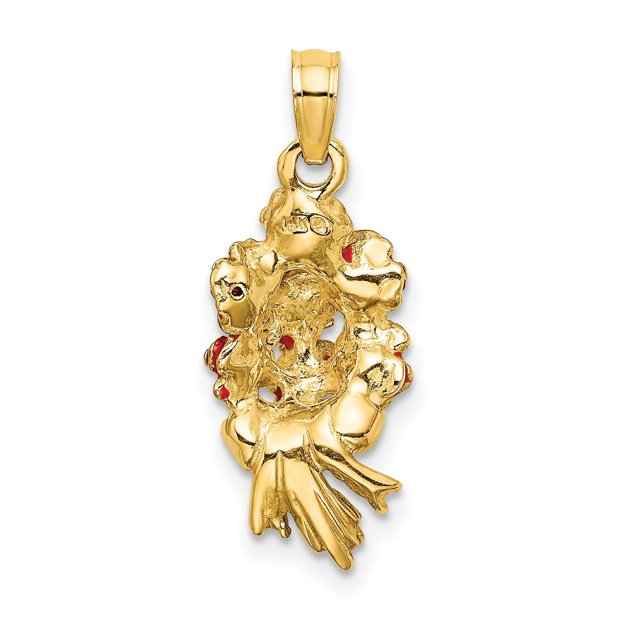 14k Yellow Gold Pendant with Enamel Red Roses and White Bow, Floral Romantic Design