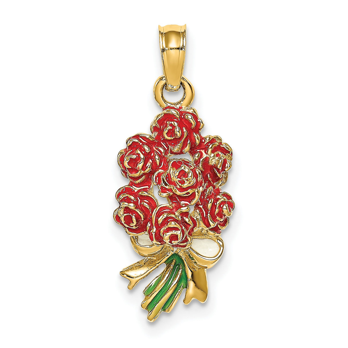 14k Yellow Gold Pendant with Enamel Red Roses and White Bow, Floral Romantic Design