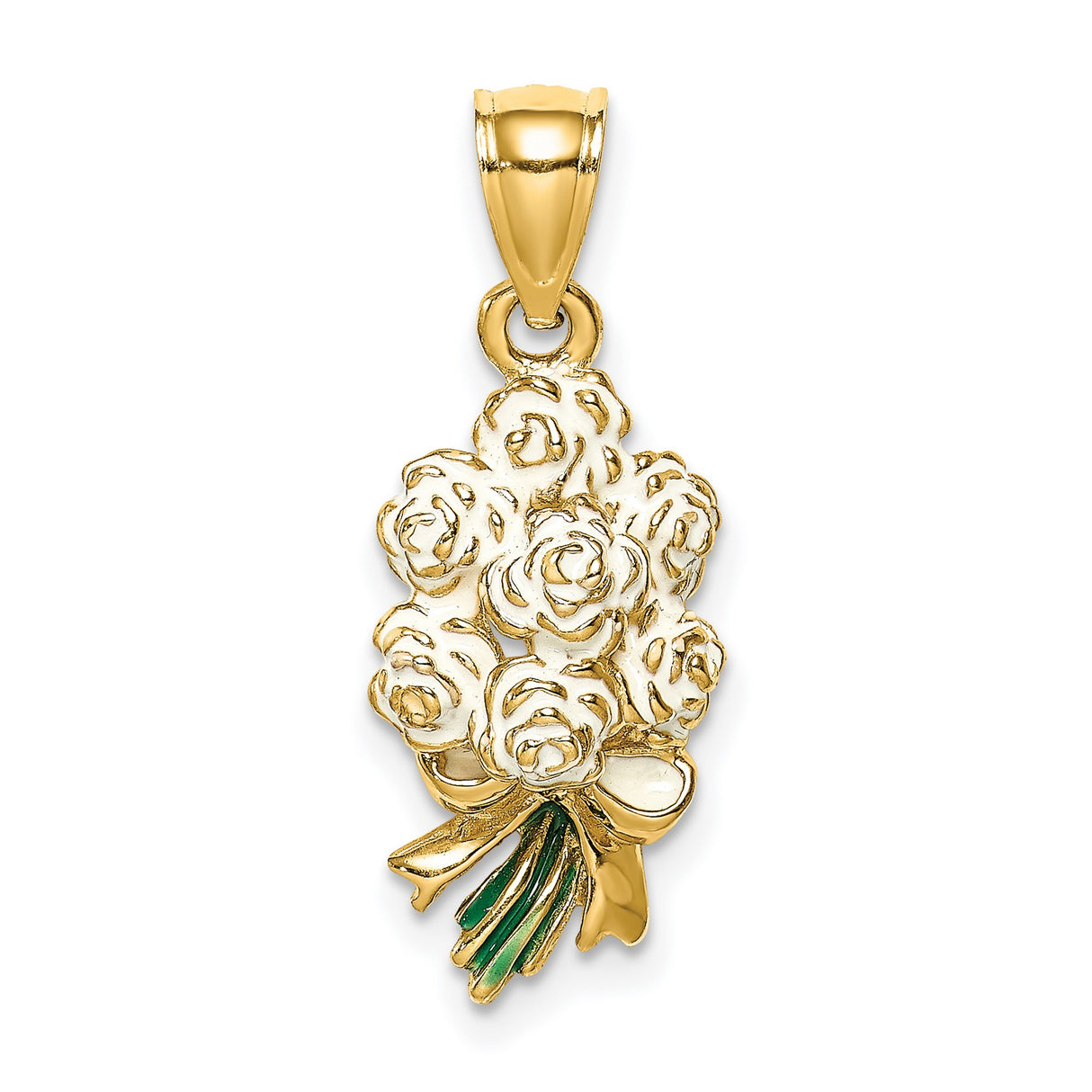 14k Yellow Gold Pendant with Rose Bouquet, Ribbon and Green Enamel Accents, Romantic Floral Charm