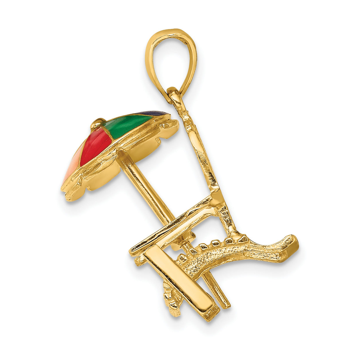 14k Yellow Gold Beach Chair and Umbrella Pendant with Colorful Enamel Accents, Summer Theme Charm