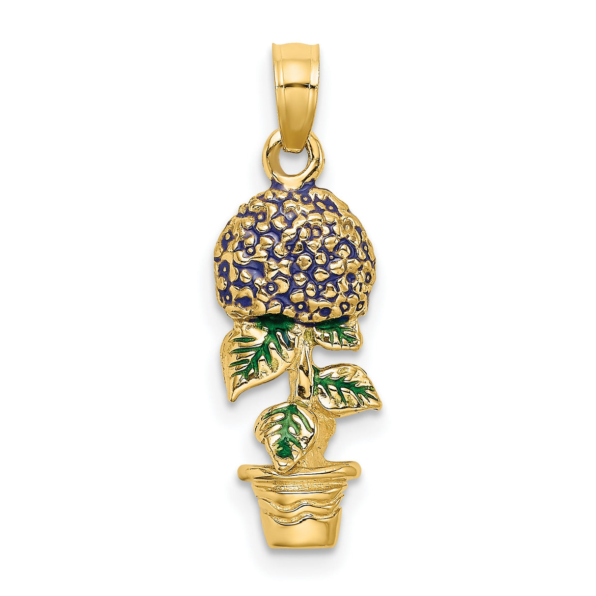 14k Yellow Gold Hydrangea Flower Pot Pendant with Purple and Green Enamel, Botanical Charm