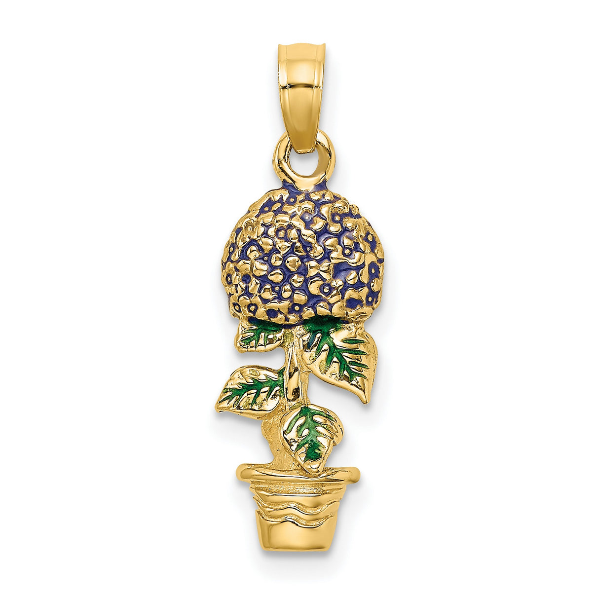 14k Yellow Gold Hydrangea Flower Pot Pendant with Purple and Green Enamel, Botanical Charm