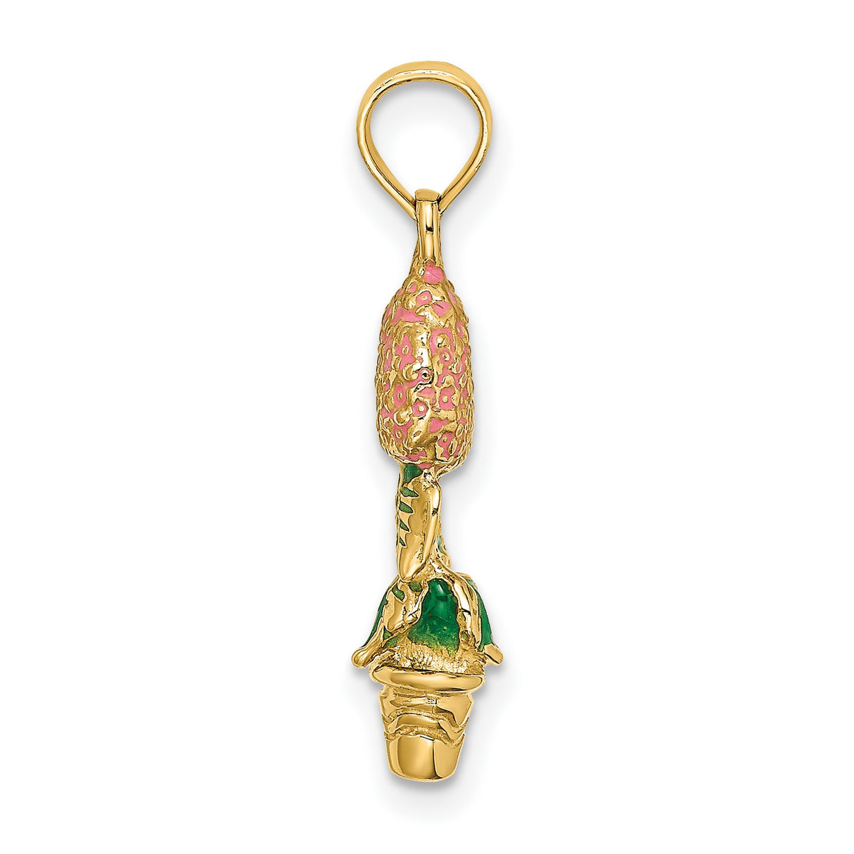 14k Yellow Gold Flower Pot Pendant with Pink Hydrangea and Green Enamel, Botanical Charm