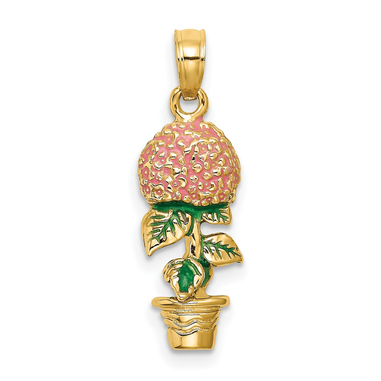 14k Yellow Gold Flower Pot Pendant with Pink Hydrangea and Green Enamel, Botanical Charm
