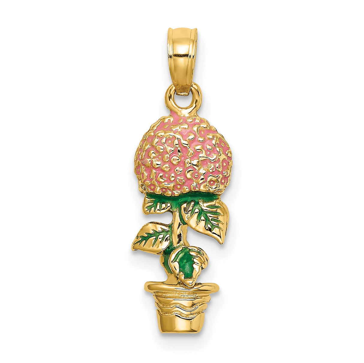 14k Yellow Gold Flower Pot Pendant with Pink Hydrangea and Green Enamel, Botanical Charm