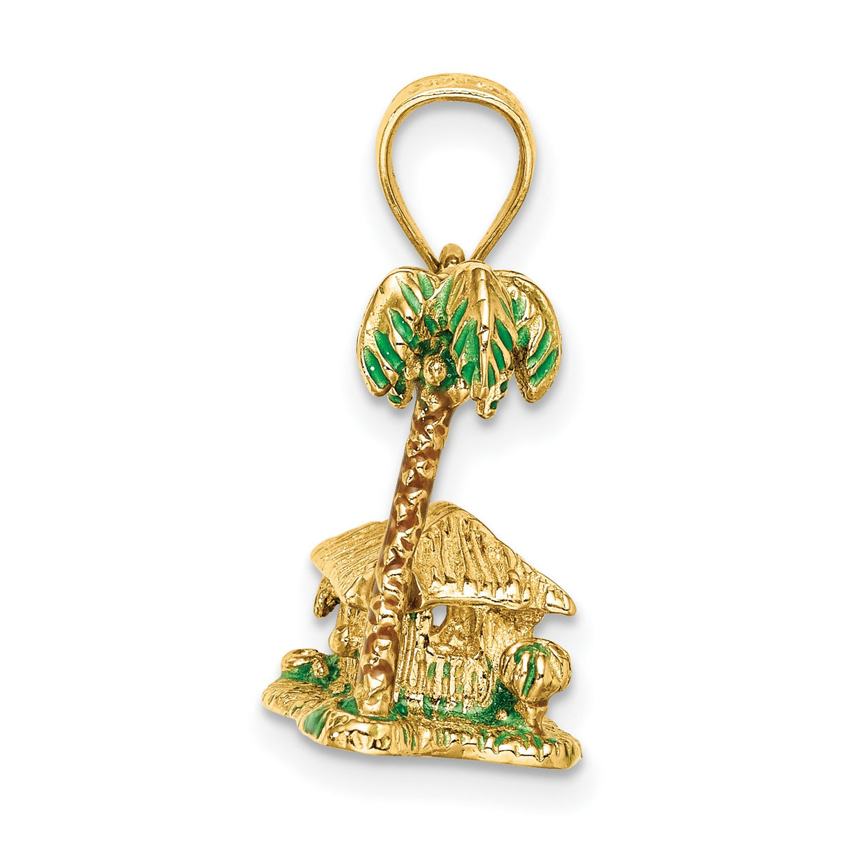 14k Yellow Gold Tropical Hut Pendant with Palm Tree, Green and Red Enamel